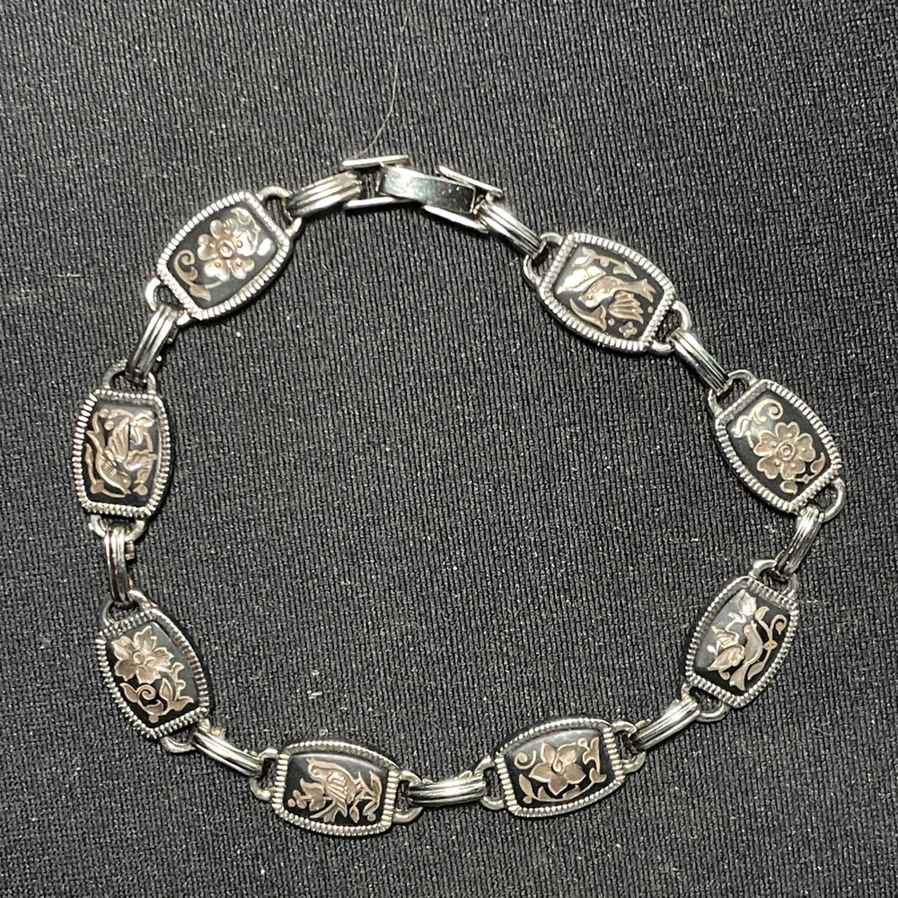 🎉3xHP🎉7" Damascene Silver Link Bracelet with Peace Dove and Flowers